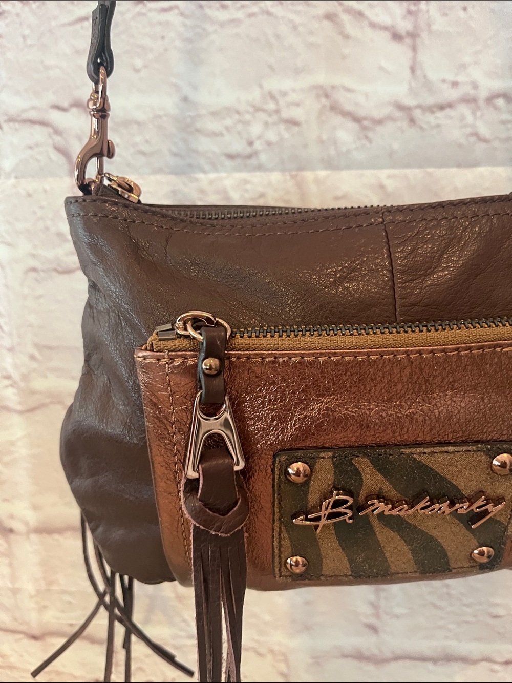 B. Makowsky Brown & Bronze Leather Crossbody with Tassels - Picture 3 of 10